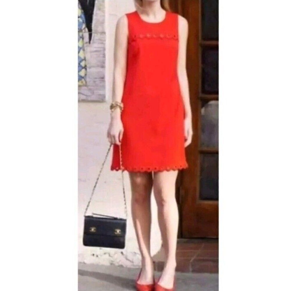 J Crew Scalloped Red Sleeveless Shift Dress Size 10 Eyelet Trim  Office Dress